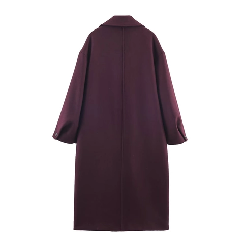 Women Long Oversized Coat Lapel Double Button Flap Pockets Wool Like Polyester Fashion Solid Casual Outerwear