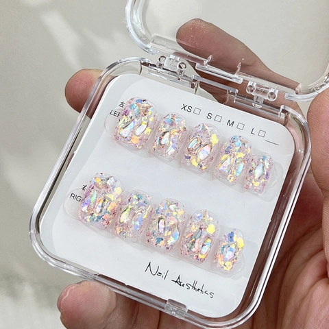 Uñas Postizas Hechas A Mano Cortas Cuadradas Aurora Holográfica Purpurina Diamantes De Imitación Reutilizables Para Mujeres