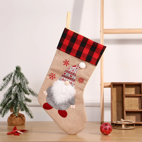 Christmas Stockings Burlap Buffalo Plaid Cuff Gnome Faceless Elf 3D Plush Beard Snowflake Embroidery Hanging Gift Bags