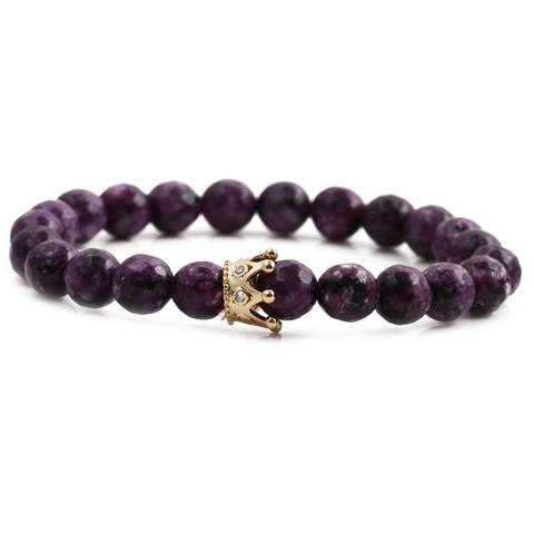 Natural Stone Beaded Bracelet With Golden Crown Charm Micro Rhinestone Inlaid Elastic Wristband Fashion Jewelry For Men