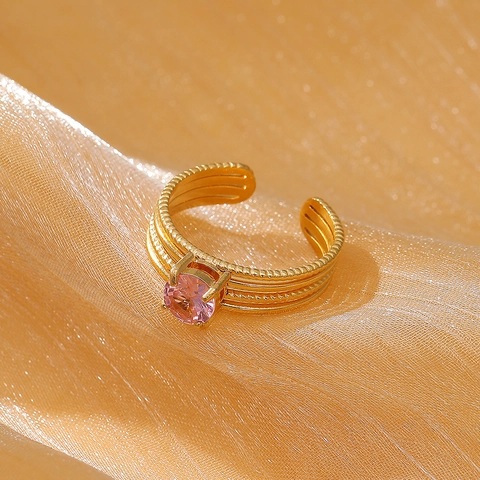 Stainless Steel Gold Plated Open Ring With Round Colorful Cubic Zirconia Multi Layer Band Adjustable Fashion For Women