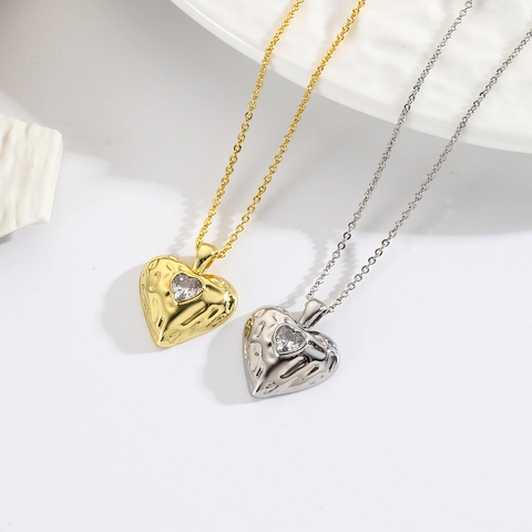 Collana Con Pendente A Cuore Martellato Irregolare Rame Placcato Oro 18K Con Zircone A Cuore Gioielli Vintage Regalo Per Donna