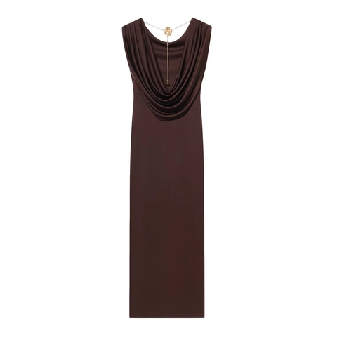 Damen Maxikleid Wasserfallausschnitt Rückenfrei Goldketten Detail Ärmellos Bodenlang Elegant Abendparty Einfarbig Dunkelbraun