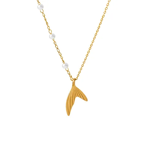 Meerjungfrauenschwanz Anhänger Halskette Titanstahl Vergoldet Mit Imitationsperle Eleganter Schmuck Für Frauen Nicht Verblassend