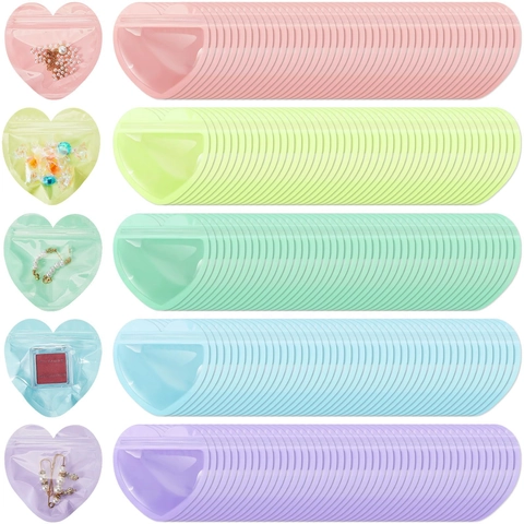 Heart Shaped Self Sealing Bags PVC Plastic Colorful Macaron Translucent Frosted Reusable Zipper Lock Jewelry Gift Packaging