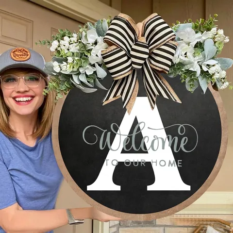 Farmhouse Wooden Welcome Door Sign Round With Artificial Greenery And Striped Bow Rustic Home Wall Decor Monogram