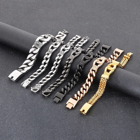 Pulsera De Cadena Cubana Para Hombre Acero Inoxidable 316L Tótem Grabado Vintage Punk Hip Hop Joyería Pulida