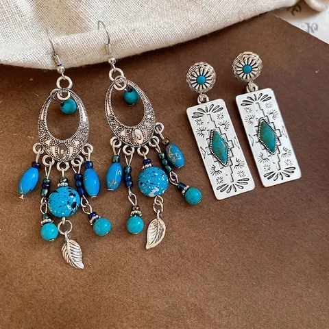 Bohemian Dangle Earrings With Faux Turquoise Leaf Tassel Alloy Geometric Silver Earring Post Vintage For Women