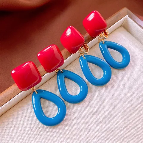 Pendientes Colgantes Vintage Color Contraste Resina Cuadrados Y Gota De Agua Hueca Con Poste De Plata Para Mujer Moda