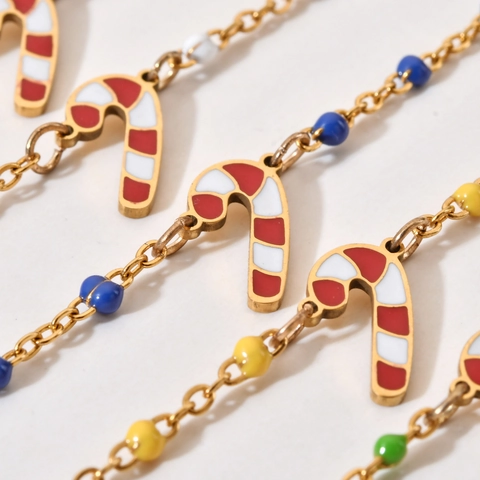 Weihnachtsarmband Edelstahl Emaille Zuckerstange Anhänger Goldkette Bunte Perlen Urlaub Schmuck Damen