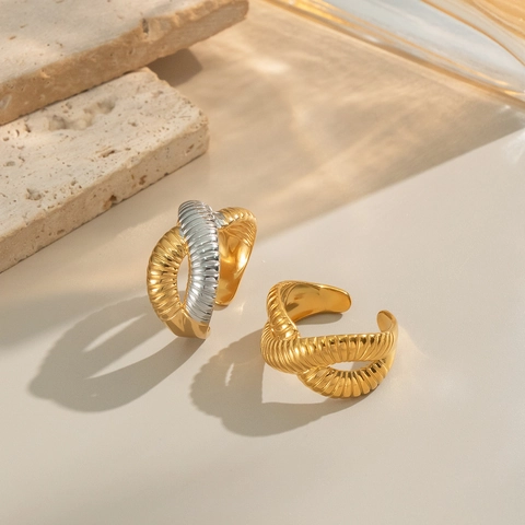Croissant Open Ring Voor Vrouwen Roestvrij Staal 18K Verguld Waterdicht Hypoallergeen Kruis Textuur Verstelbare Sieraden