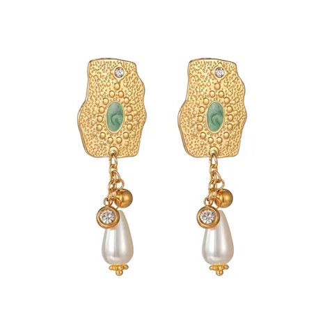 Vintage Court Style Stainless Steel Drop Earrings For Women Geometric Irregular Enamel Artificial Pearl Rhinestone Inlaid Earrings Fashion Jewelry