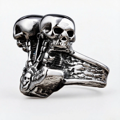 Anello Teste Di Teschio Motore Meccanico Acciaio Inossidabile Gotico Punk Rock Biker Gioielli Per Uomini
