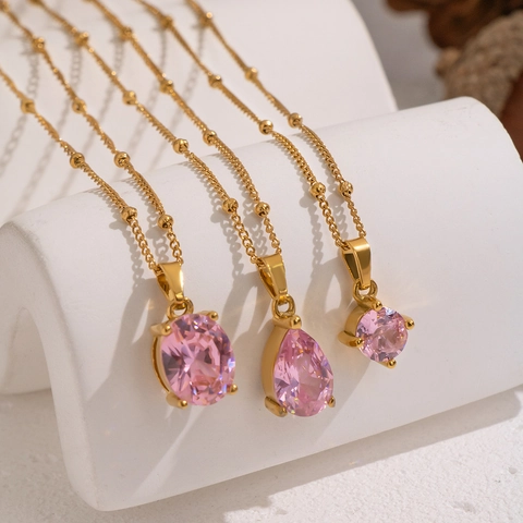 Zircon Pendant Necklace 304 Stainless Steel Waterproof Hypoallergenic Gold Plated Beaded Chain Oval Pear Round Elegant Women Jewelry