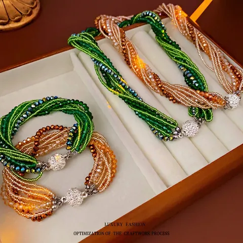 Multi Layer Twisted Crystal Bead Necklace And Bracelet For Women Rhinestone Encrusted Magnetic Ball Clasp Alloy Jewelry