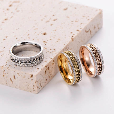 Anillo De Acero Inoxidable Con Doble Fila De Diamantes De Imitación Y Cadena Cubana Para Mujer Joyería Elegante