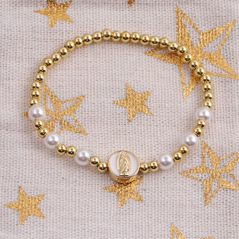 Virgin Mary Medallion Pendant Beaded Bracelet Copper Beads White Faux Artificial Pearl Religious Jewelry Bohemian Style