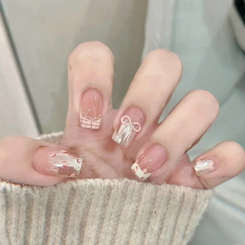Press On Nails Leopard Print Bow Knot Lace Gradient Sweet Cute Short Square Shape Artificial False Nails