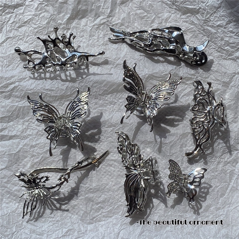Pinza Para El Pelo De Mariposa Metal Líquido Plata Aleación Irregular Antideslizante Horquilla Shark Y2K Accesorios Para El Cabello Mujer
