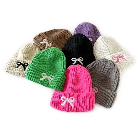 Kids Cute Bow Embroidery Knit Beanie Autumn Winter Warm Polyester Crochet Hat Sweet Candy Color Beanie For Toddler Outdoor