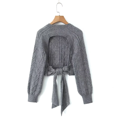 Women Backless Cable Knit Sweater Bow Tie Long Sleeve Cropped Top Sexy Elegant Solid Color Knitwear