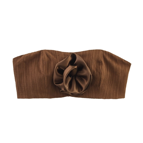 Dames Tweedelige Set 3D Bloem Tubetop En Geplooide Maxi Rok Vakantie Resort Gesmokte Taille Bruin