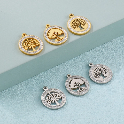 Lebensbaum Anhänger Edelstahl Rund Hohl Wunschbaum Charm Mit Rheinstein Zirkonia Für Schmuckherstellung