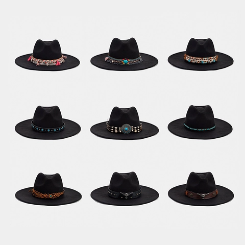 Wide Brim Fedora Hat Western Cowboy Jazz Hat For Women Men Decorative Band Ethnic Style Felt Panama Sun Cap