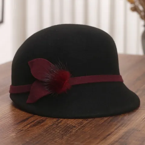 Chapeau Cloche Femme En Feutre De Laine Avec Nœud Et Boule De Fourrure De Vison Fedora Vintage D'Hiver Pour Dame