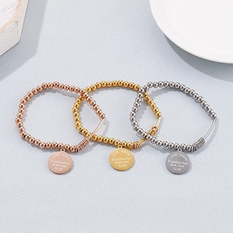 Beaded Armband Edelstahl Elastische Kordel Runde Plakette Gravur Love Today New York Trendiger Armreif Für Damen