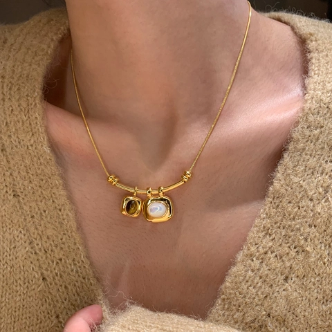 Vintage Pendant Necklace Tiger Eye Stone Double Square Shell 18K Gold Plated Snake Chain Jewelry For Women