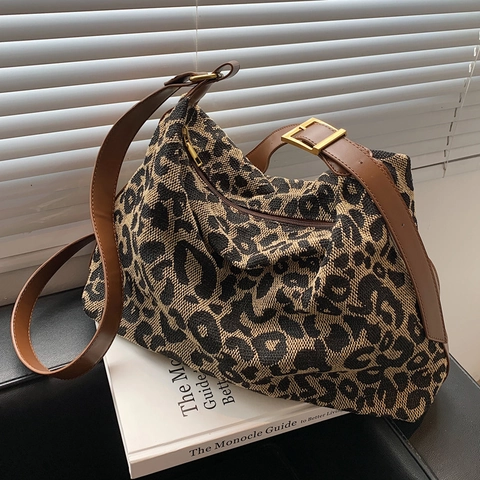 Women Leopard Print Hobo Bag Large Capacity Canvas Shoulder Crossbody Handbag With Adjustable Leather Strap Casual