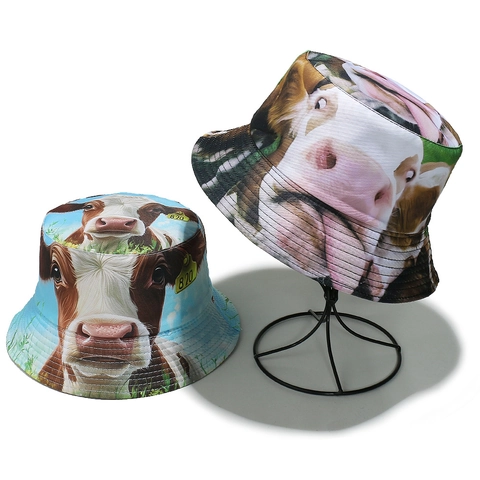 Dames Koe Print Vissershoed Polyester Zonbescherming Zomer Outdoor Schattig Realistisch Dier Grafisch Zonnescherm