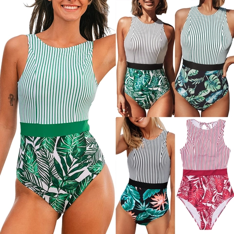 Women Halter High Neck One Piece Swimsuit Striped Tropical Leaf Print Tummy Control Beach Holiday Bathing Suit