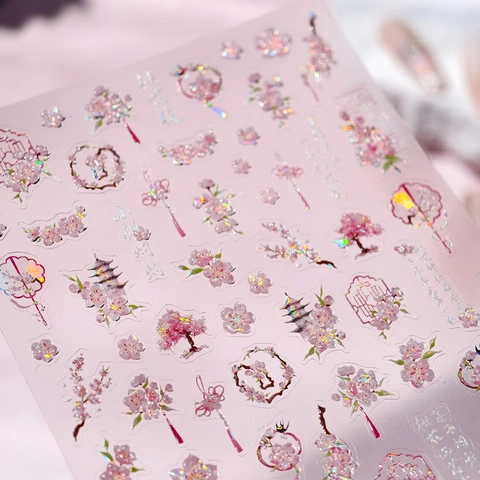 Adesivi Per Unghie 5D Stile Cinese Sakura Fiore Ciliegio Floreale Orientale Rilievo 3D Laser Glitter Autoadesivi