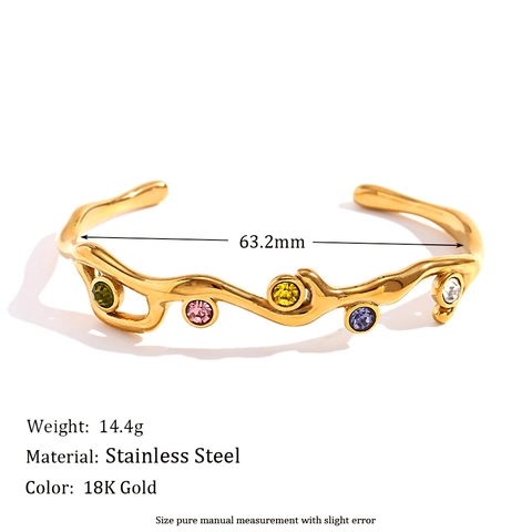 Irregular Organic Wave Branch Cuff Bracelet 18K Gold Plated Stainless Steel With Colorful Round Zircon For Women