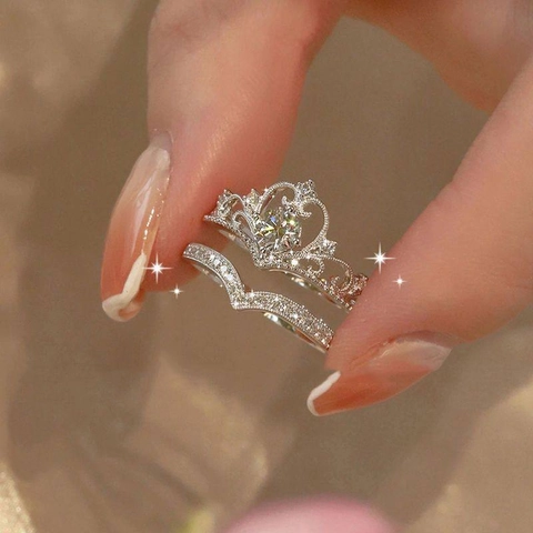 Crown And V Shaped Adjustable Rings Zircon Copper Open Ring Luxury Court Style Elegant Jewelry For Women
