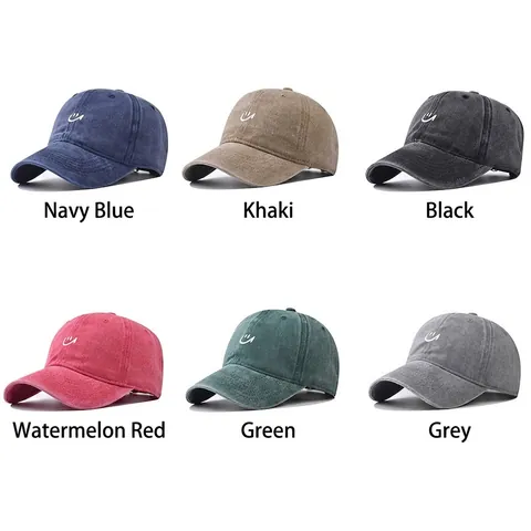 Casquette De Baseball En Coton Lavé Rétro Brodée Smiley Face Distressed Protection Solaire Chapeau Réglable Pour Hommes Femmes