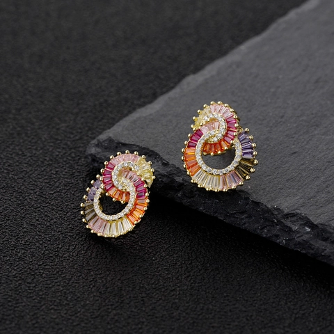 In Elkaar Grijpende Dubbele Ring Oorknopjes Met 925 Sterling Zilveren Oorsteker Kleurrijke Regenboog Zirkoon Sieraden Dames