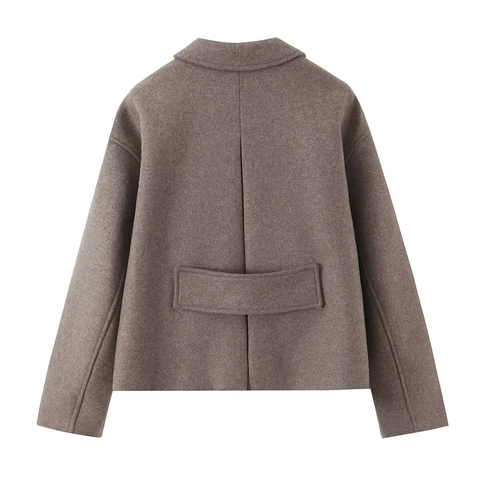 Women Fashion Wool Blend Short Coat Casual Lapel Single Breasted Solid Color Loose Fit Jacket High Quality Outwear