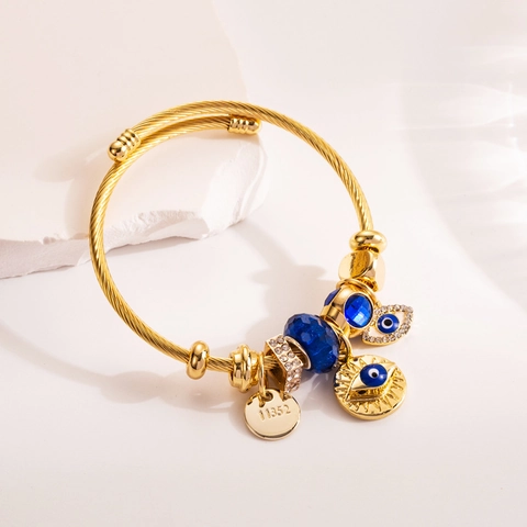 Bracciale Rigido Con Charms Malocchio Mano Di Fatima Croce Regolabile Oro Lega Perla Strass Gioielli Boho Donne