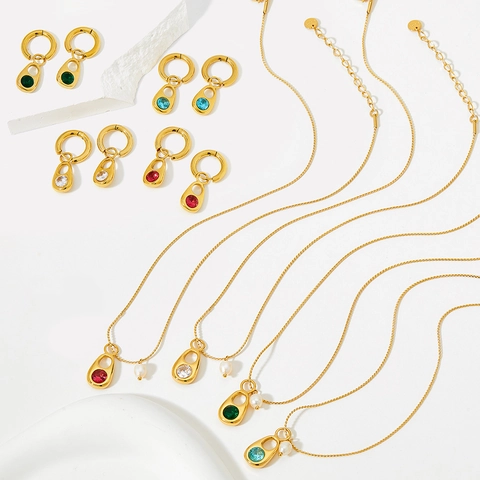 Stainless Steel Jewelry Necklace And Earrings Zircon Inlaid Geometric Pull Ring Pendant Elegant Faux Artificial Pearl Women