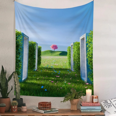 Arazzo Da Parete Paesaggio Naturale Albero Rosa Surreale Tessuto Poliestere Decorazione Artistica Camera Letto Soggiorno Boho