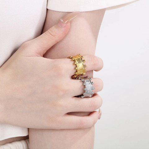 Anillo de Banda Ancha de Acero Inoxidable para Mujer Textura de Corteza Doble Fila de Cuentas Chapado en Oro Plata Joyería de Moda