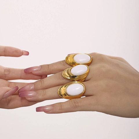 French Retro Opal Ring For Women Stainless Steel PVD 18K Gold Plated Water Ripple Irregular Jewelry Finger Ring Earrings