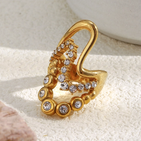 Stainless Steel 18K Gold Plated Multi Layer Wave Ring For Women Irregular Heart Zircon Inlaid Exaggerated Jewelry