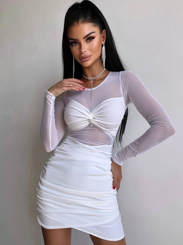 Vestito Mini Bodycon Sexy Da Donna Patchwork In Rete Maniche Lunghe Arricciato Incrocio Frontale