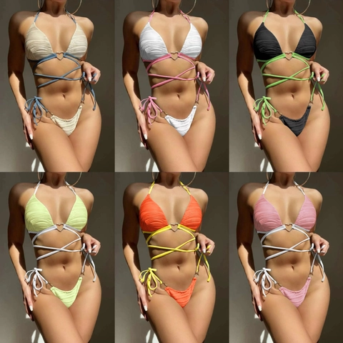 Women Sexy Heart Metal Ring Ribbed Bikini Set Halter Tie Side Swimsuit Bathing Suit Polyester Spandex Solid Color