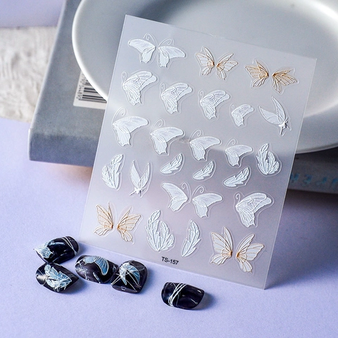 Pegatinas Para Uñas 5D Relieve Alas De Mariposa Blanco Oro Autoadhesivas Pluma Decoración Manicura Para Mujeres