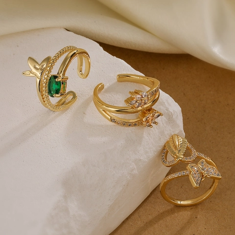 Anello Aperto in Rame Placcato Oro 18K per Donna Minimalista Strass Farfalla Grano Geometrico Anello Regolabile Gioielli Regalo